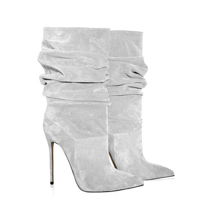 Pointed Toe Suede Stacked Heel Boots
