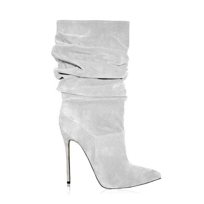 Pointed Toe Suede Stacked Heel Boots